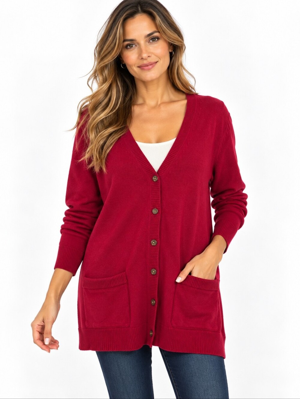 Liz Claiborne NWT Red Burgundy Long Cardigan Sweater L Button Front Pockets